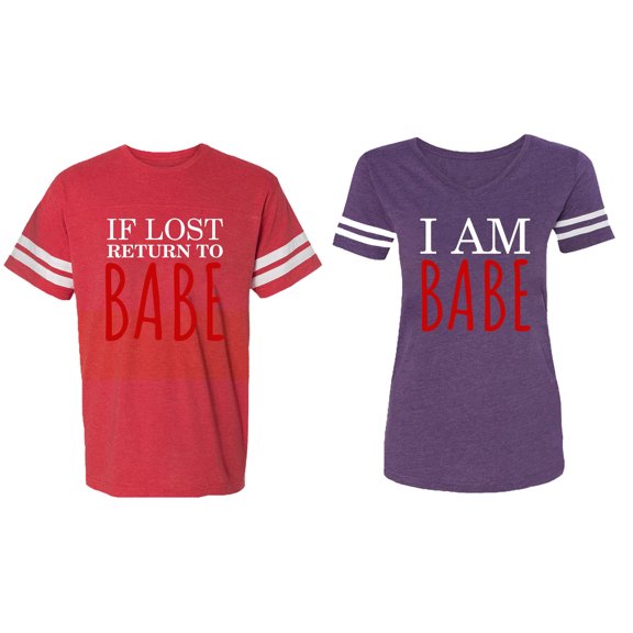 IF Lost Return To Babe I am Babe Matching Couple Cotton Jerseys (Men Red / Women Purple) (Men XL / Women M)