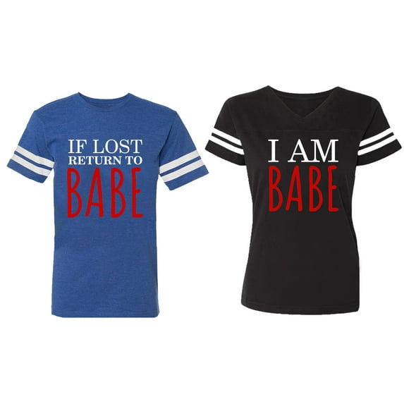 IF Lost Return To Babe I am Babe Matching Couple Cotton Jerseys (Men Royal / Women Black) (Men XL / Women XL)