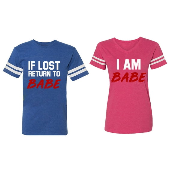 IF Lost Return To Babe I am Babe Matching Couple Cotton Jerseys (Men Royal / Women Pink) (Men S / Women XL)