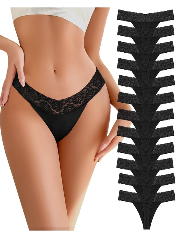 IF YOU Cotton Thongs for Women Lace Breathable Underwear Low Rise T-Back Soft Stretchy Ladies Panties S-XXL 12Pack