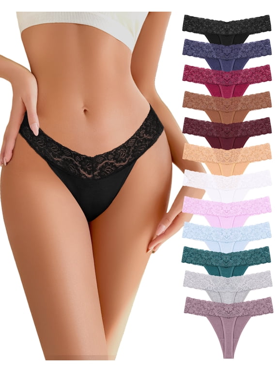 IF YOU Cotton Thongs for Women Lace Breathable Underwear Low Rise T-Back Soft Stretchy Ladies Panties S-XXL 12Pack