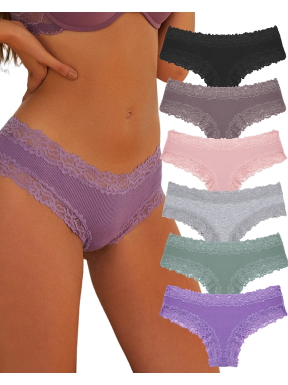 IF YOU Womens Cotton Underwear Lace Brazilian Panties Soft Breathable Cotton Bikini for Ladies 6 Pack