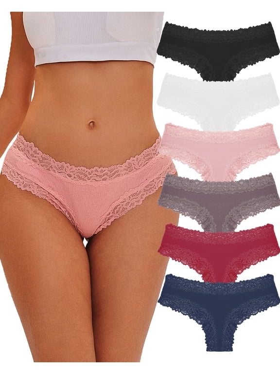 IF YOU Womens Cotton Underwear Lace Brazilian Panties Soft Breathable Cotton Bikini for Ladies 6 Pack