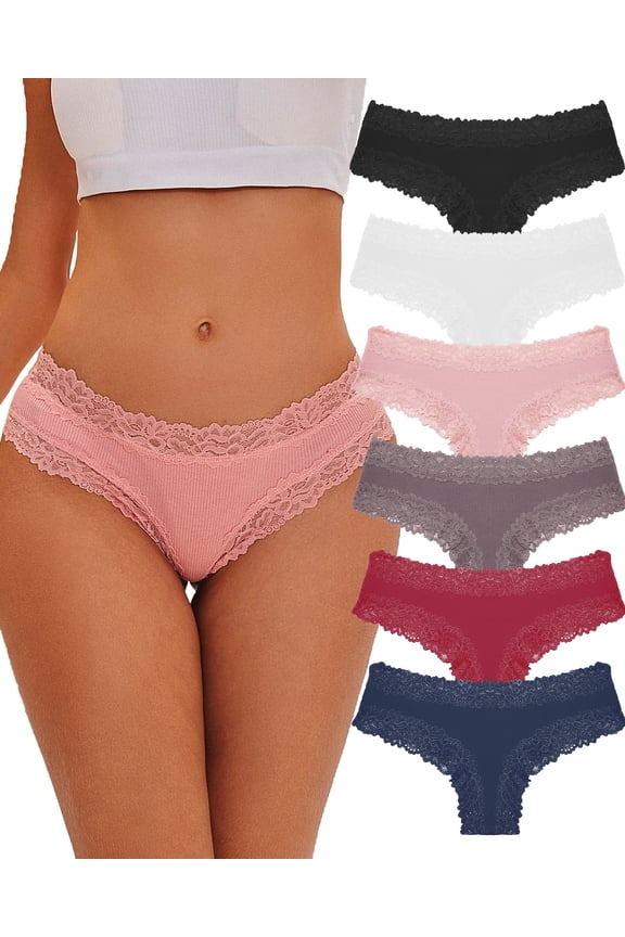 IF YOU Womens Cotton Underwear Lace Brazilian Panties Soft Breathable Cotton Bikini for Ladies 6 Pack