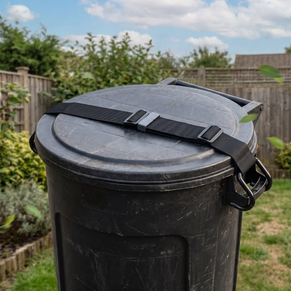 IFANLANDOR 2Pcs Black Adjustable Trash Can Lid Strap with Weather Resistant Band for Outdoor Use