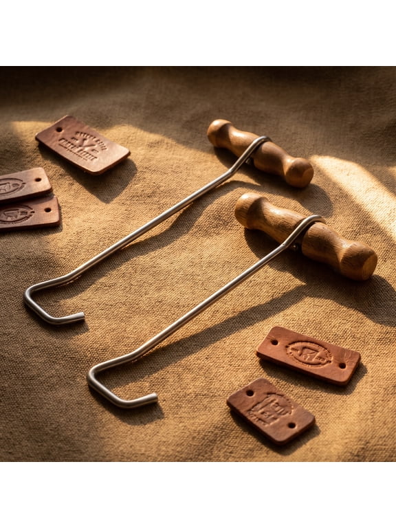 2Pcs Stainless Steel Boot Pullers with Non Slip Khaki Wood Handle for Western and Riding Boots