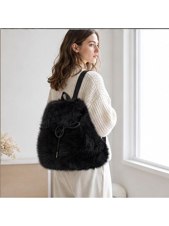 Black Fluffy Backpack with Flap and Drawstring Closure for School and Work