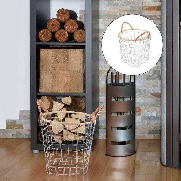 IFANLANDOR Decorative Round Metal Basket for Fireplace Wood Storage and Home Organization