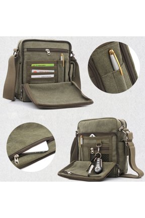 Mens Canvas Messenger Bag Olive Green Multi-Pocket for Daily Use