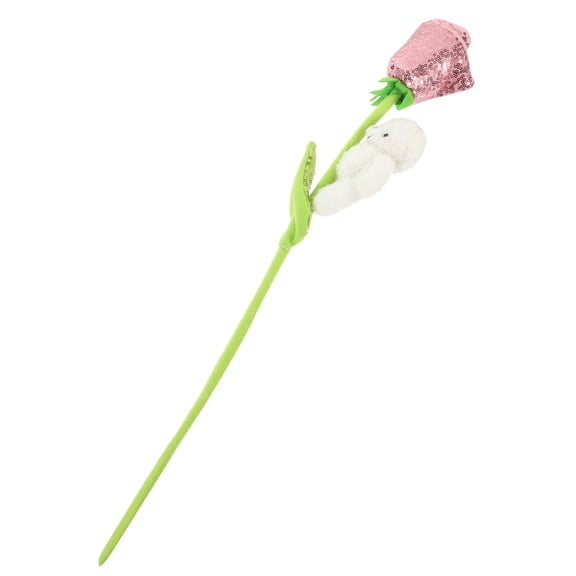 IFANLANDOR Pink Plush Rose Flower with Stuffed Bear for Home Decor and Party Scene Layout Cloth Artificial Flower Bouquet 6.5 Inches