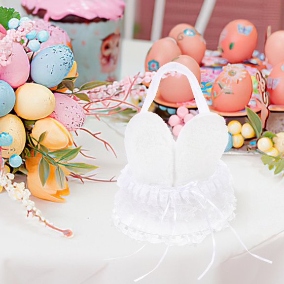 IFANLANDOR Bunny Ear Tote Basket White PU Fluffy Satin Wire for Easter and Wedding