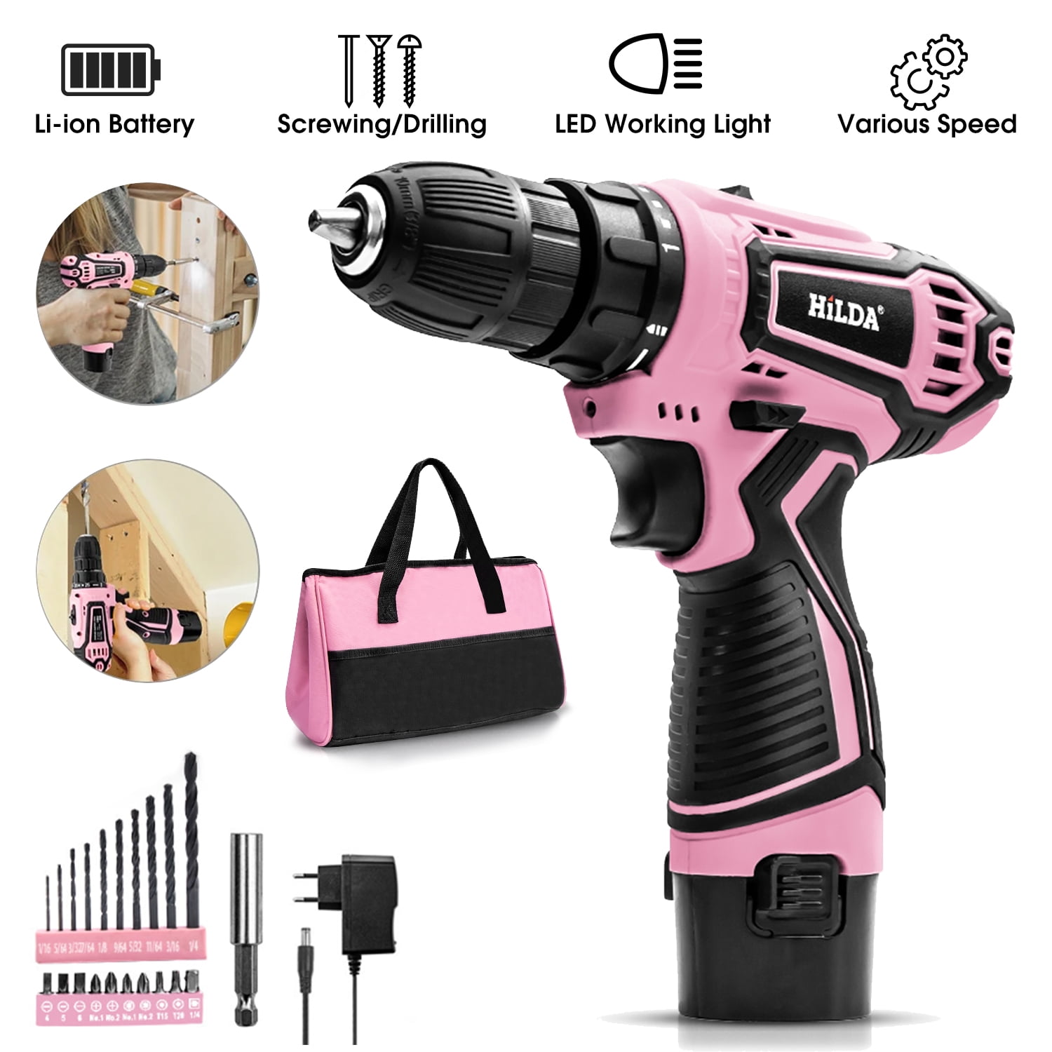 IFANZE 12V Cordless Drill, 3/8'' 2 Variable Speeds Electric Power Screw