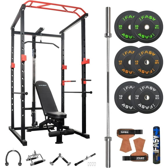 IFAST 100lb Home Gym Power Cage: Multi-functional Squat Rack with Lat Pulldown, Adjustable Bench & 1000lb Capacity Barbell Set for Comprehensive Fitness Training