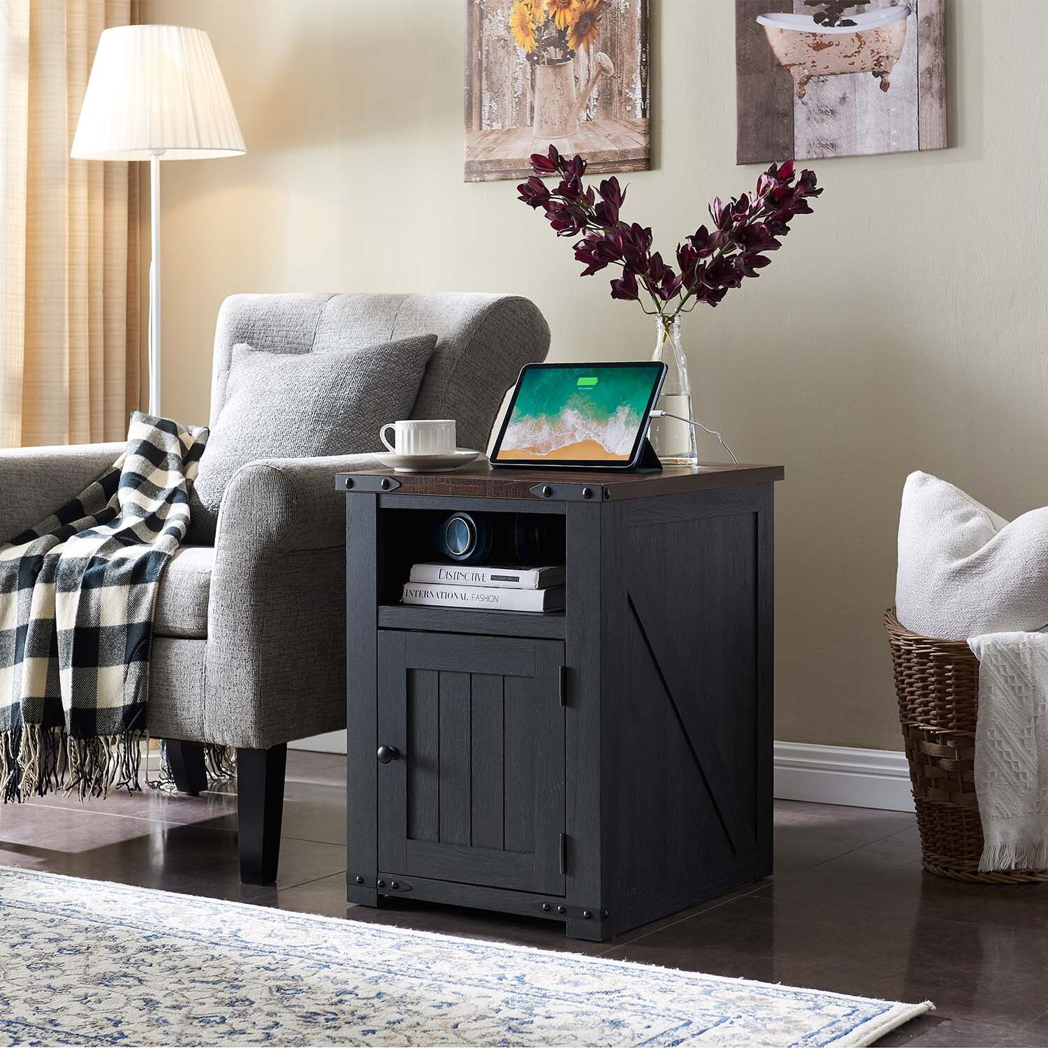 IFGET Farmhouse Nightstand with Charging Station End Table with Banr Door Storage Cabinet USB Ports Power Outlets for Bedroom Living Room
