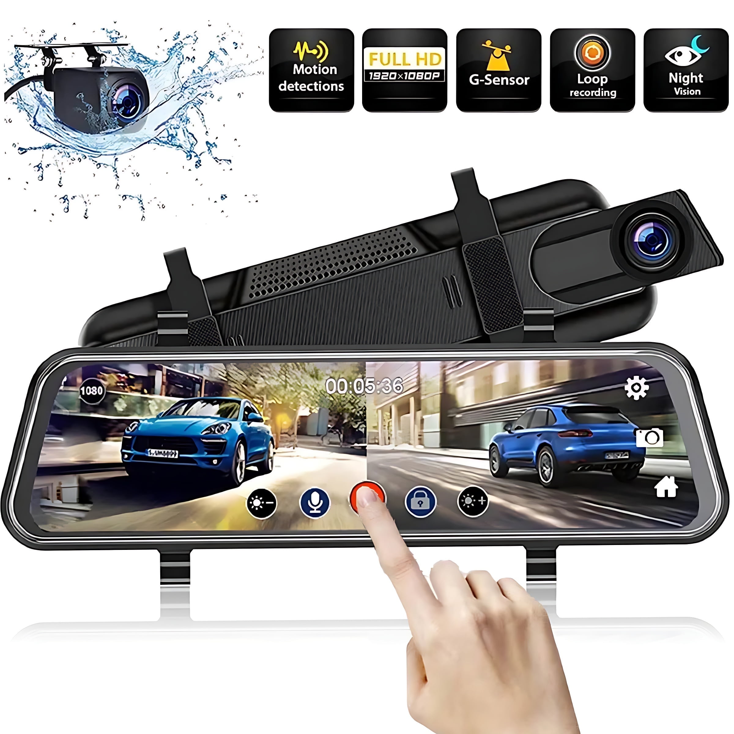 IFCOW 10" 1080P Mirror Dash Cam,Full Touch Screen Backup Camera Front and Rear View Parking Monitor with Super Night Vision, Motion Detection, G-Sensor