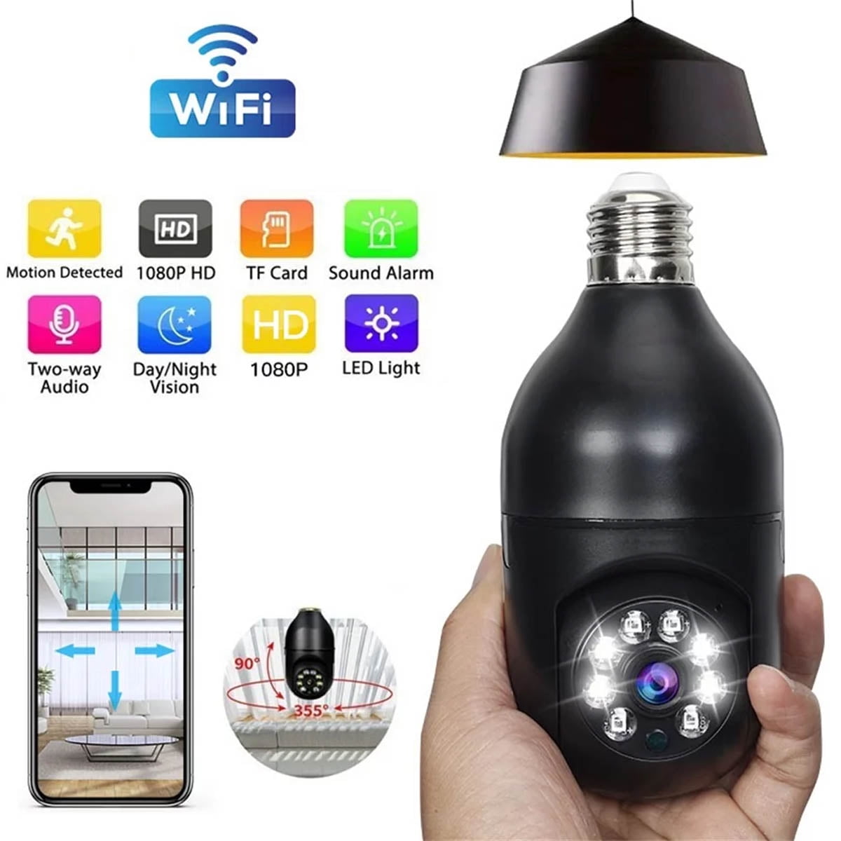 IFCOW E27 Light Bulb Camera WiFi Outdoor Indoor 1080p 355 Degree