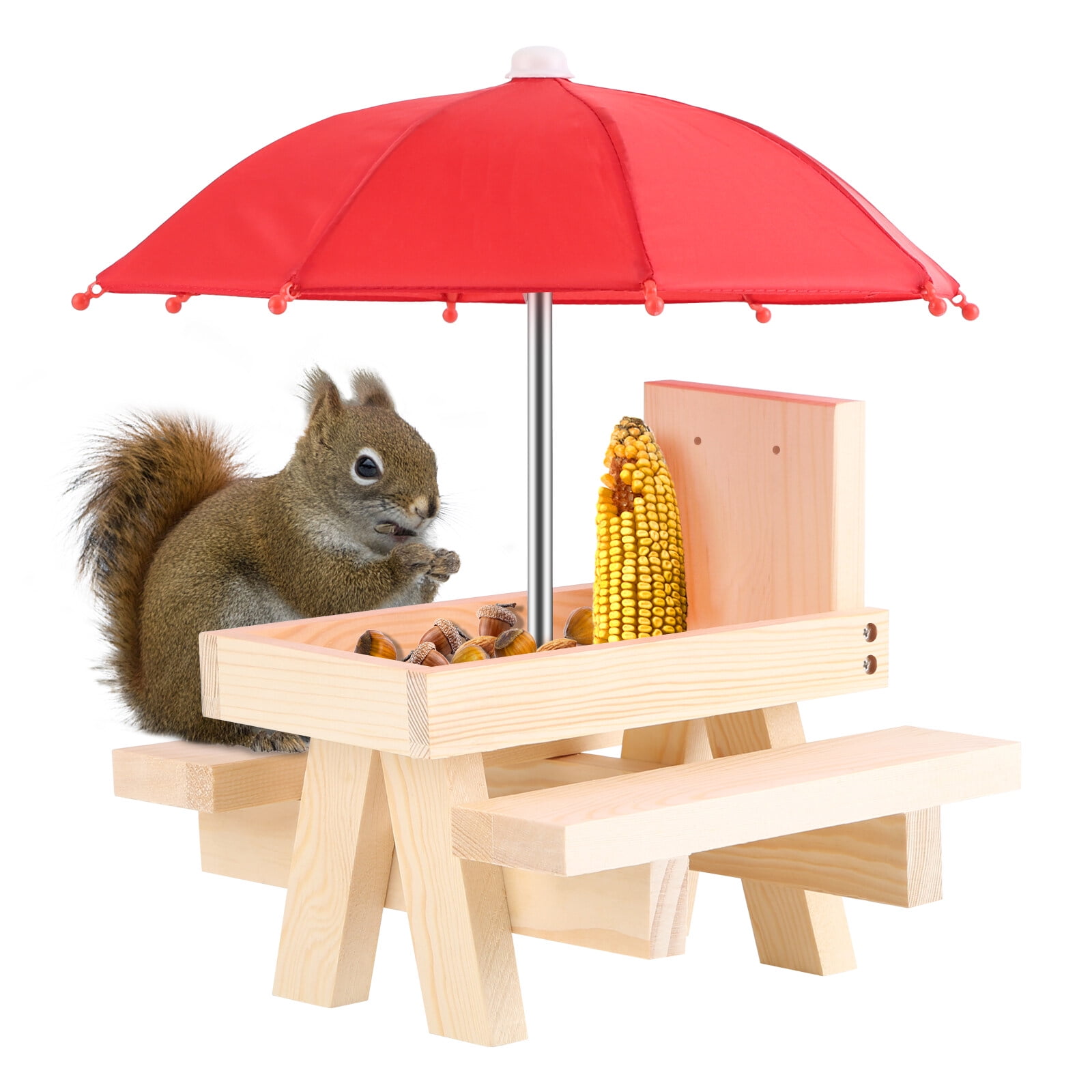 IFCOW Outdoor Squirrel Feeder with Umbrella, Wooden Squirrel Picnic ...