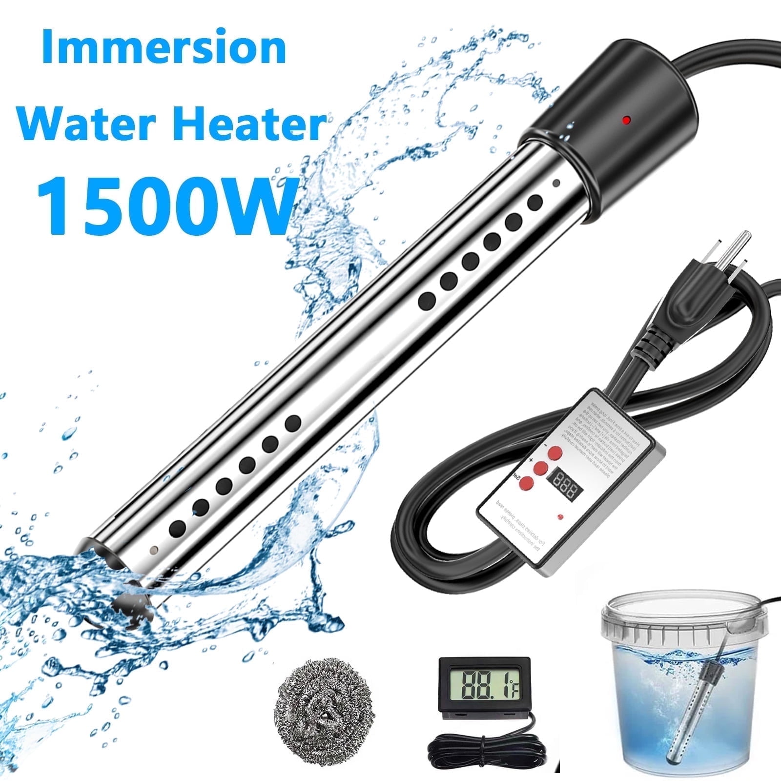 IFCOW Immersion Water Heater, 1500W Bucket Immersion Tub Heater with 304 Stainless Steel Guard with Timed Power Off, Quickly Heats 5 Gallons of Water, Small Portable