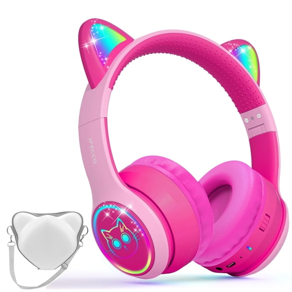 IFECCO Kids Bluetooth Headphones,Wireless Headphones for Kids,Volume Limited,30 Hours Playtime,Over-Ear Toddler Headsets with Built-in Mic-Rose Pink