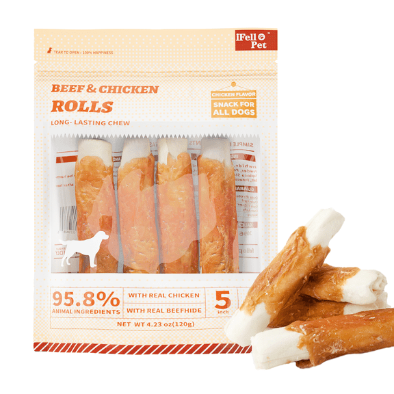 IFELLO PET Dog Treats Chews, Chicken Wrapped Rawhide Sticks - Dog Snacks, High Protein, Free Grain & for Medium Large Dogs, 4.23 oz(4 Count) One Size
