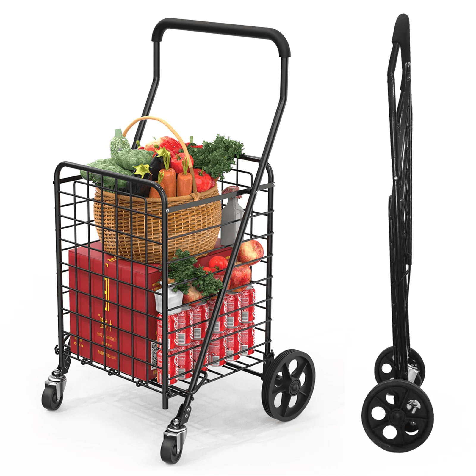 Black Steel Folding Grocery Cart with Wheels