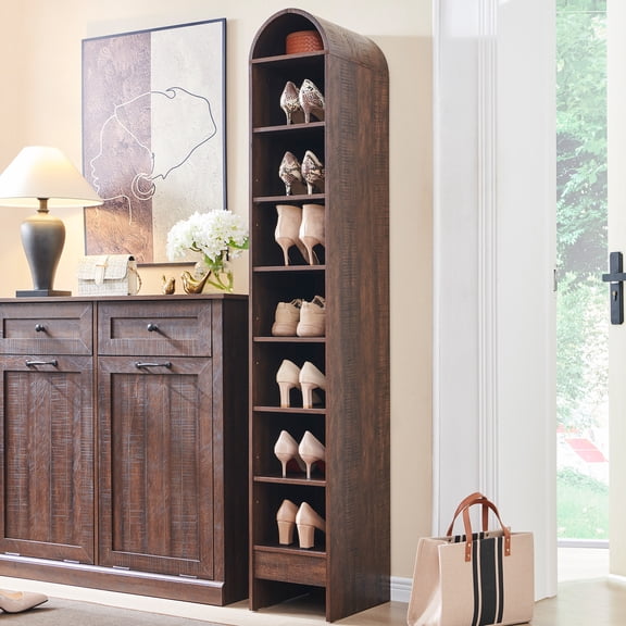 IFGET 67" Tall Arched Shoe Storage Cabinet, 3 Adjustable Shelves, 8-Tier Freestanding Open Display Shoe Closet Shelf Organizer