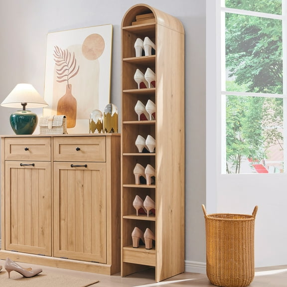 IFGET 67" Tall Arched Shoe Storage Cabinet, 3 Adjustable Shelves, 8-Tier Freestanding Open Display Shoe Closet Shelf Organizer