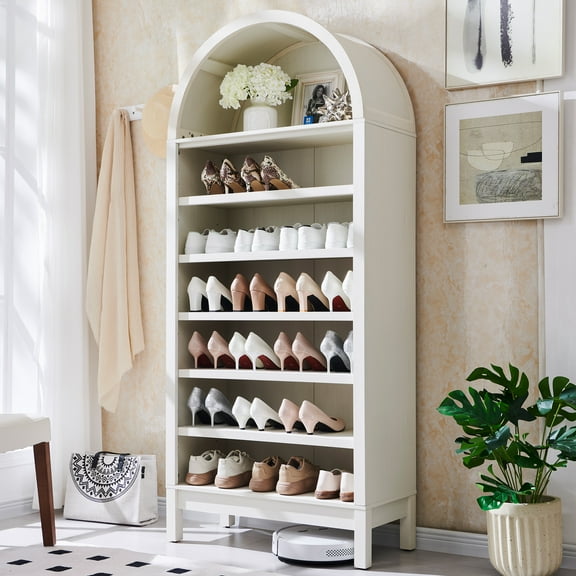 IFGET 71" Tall Arched Shoe Storage Cabinet, 3 Adjustable Shelves, 7-Tier Freestanding Open Display Shoe Closet Shelf Organizer
