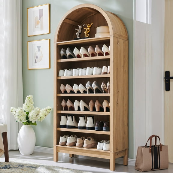 IFGET 71" Tall Arched Shoe Storage Cabinet, 3 Adjustable Shelves, 7-Tier Freestanding Open Display Shoe Closet Shelf Organizer