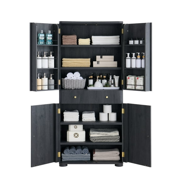 IFGET 71" Tall Bathroom Storage Cabinet, with Drawer and 4 Doors, Modern Curved Bathroom Cabinet for Small Spaces, Grey