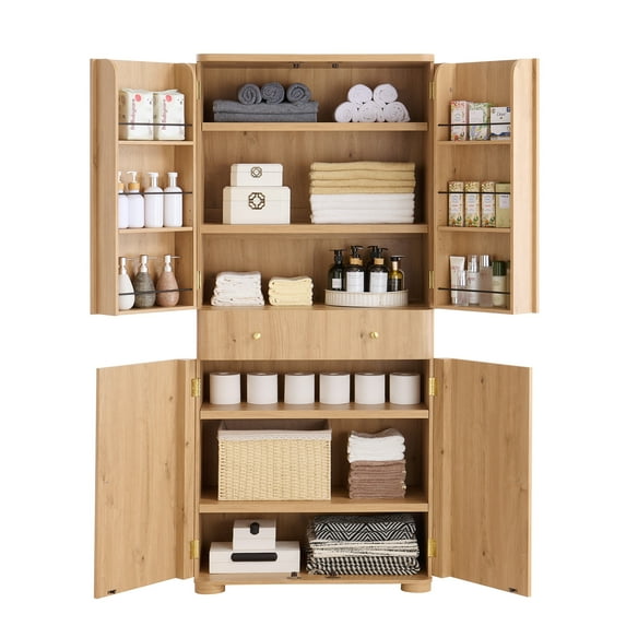 IFGET 71" Tall Bathroom Storage Cabinet, with Drawer and 4 Doors, Modern Curved Bathroom Cabinet for Small Spaces, Natural