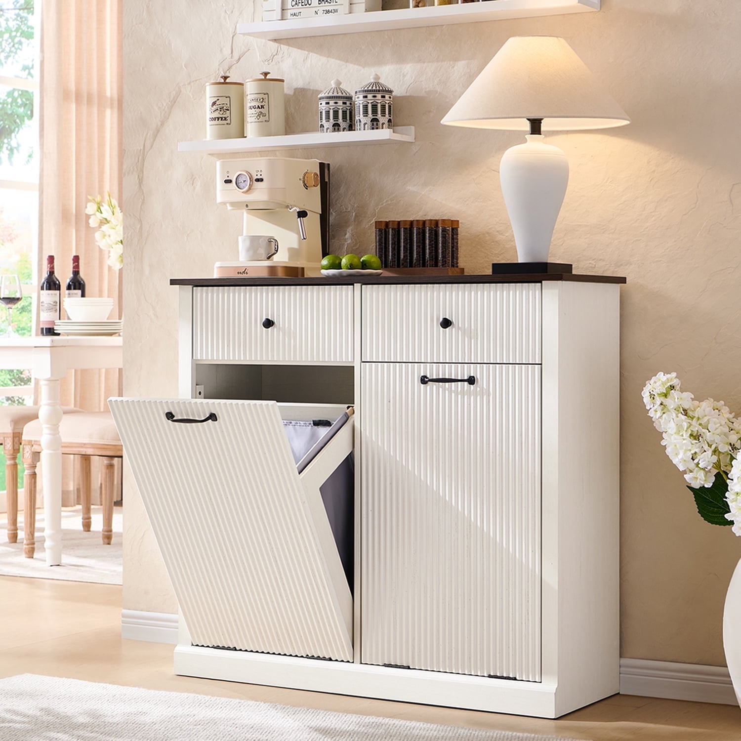 IFGET Double Fluted Tilt-Out Trash Can Cabinet, 20 Gallon Wood Hidden Garbage Can Cabinets with Storage Drawers, Laundry Hamper Cabinet for Bathroom, Kitchen