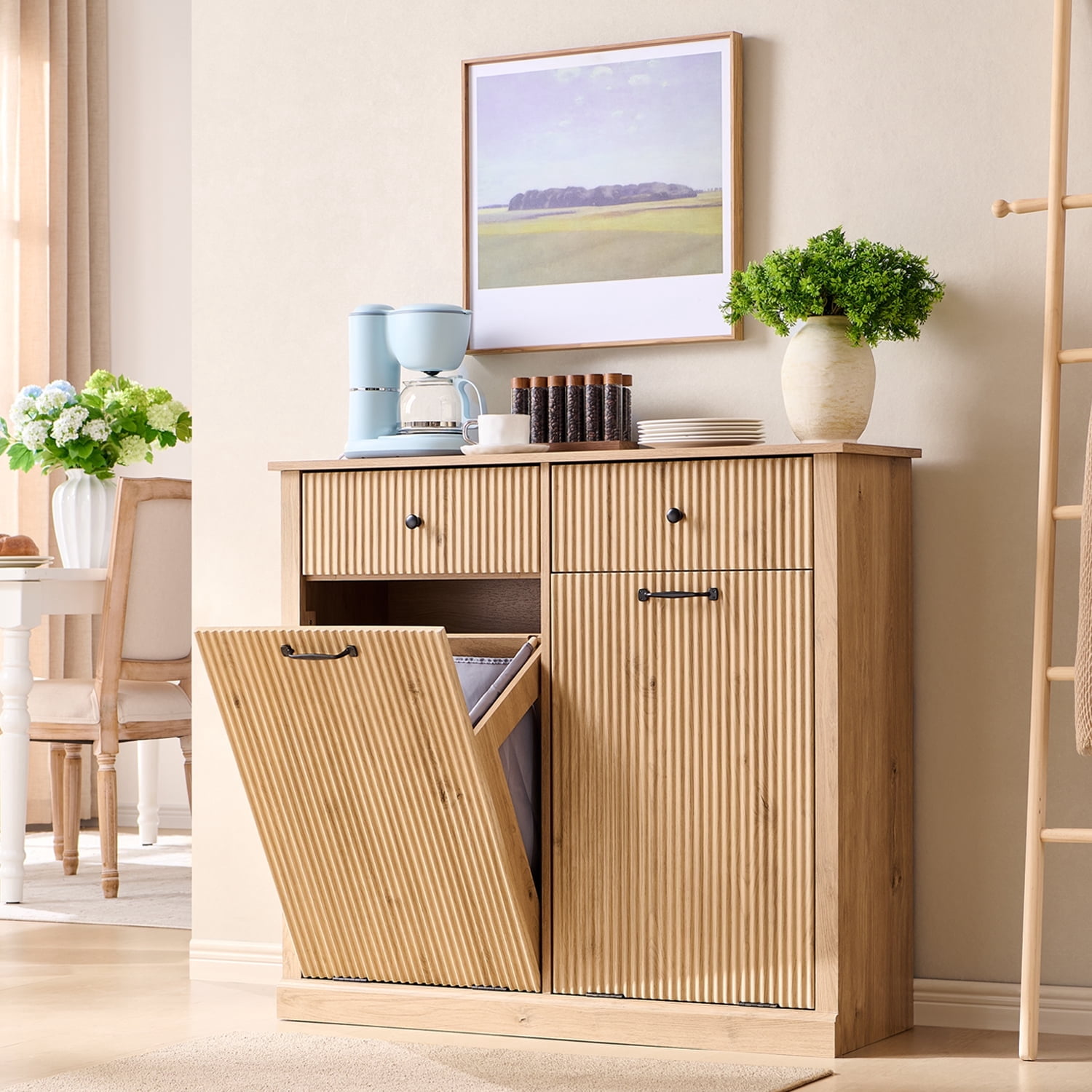 IFGET Double Fluted Tilt-Out Trash Can Cabinet, 20 Gallon Wood Hidden Garbage Can Cabinets with Storage Drawers, Laundry Hamper Cabinet for Bathroom, Kitchen