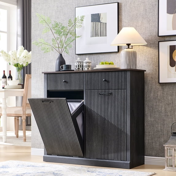 IFGET Double Fluted Tilt-Out Trash Can Cabinet, 20 Gallon Wood Hidden Garbage Can Cabinets with Storage Drawers, Laundry Hamper Cabinet for Bathroom, Kitchen