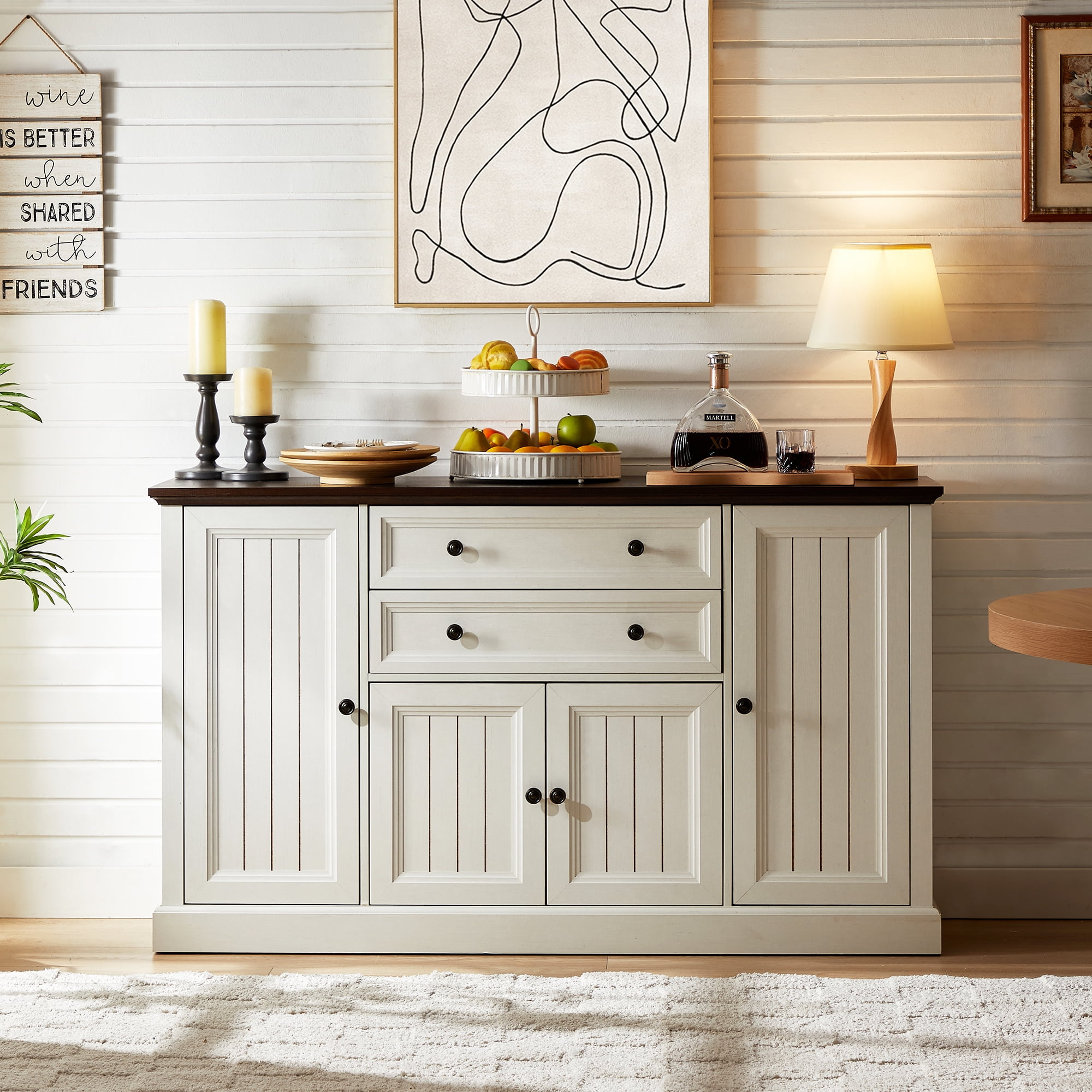 Farmhouse White and Brown Wood Buffet Cabinet with Grooved Barn Doors