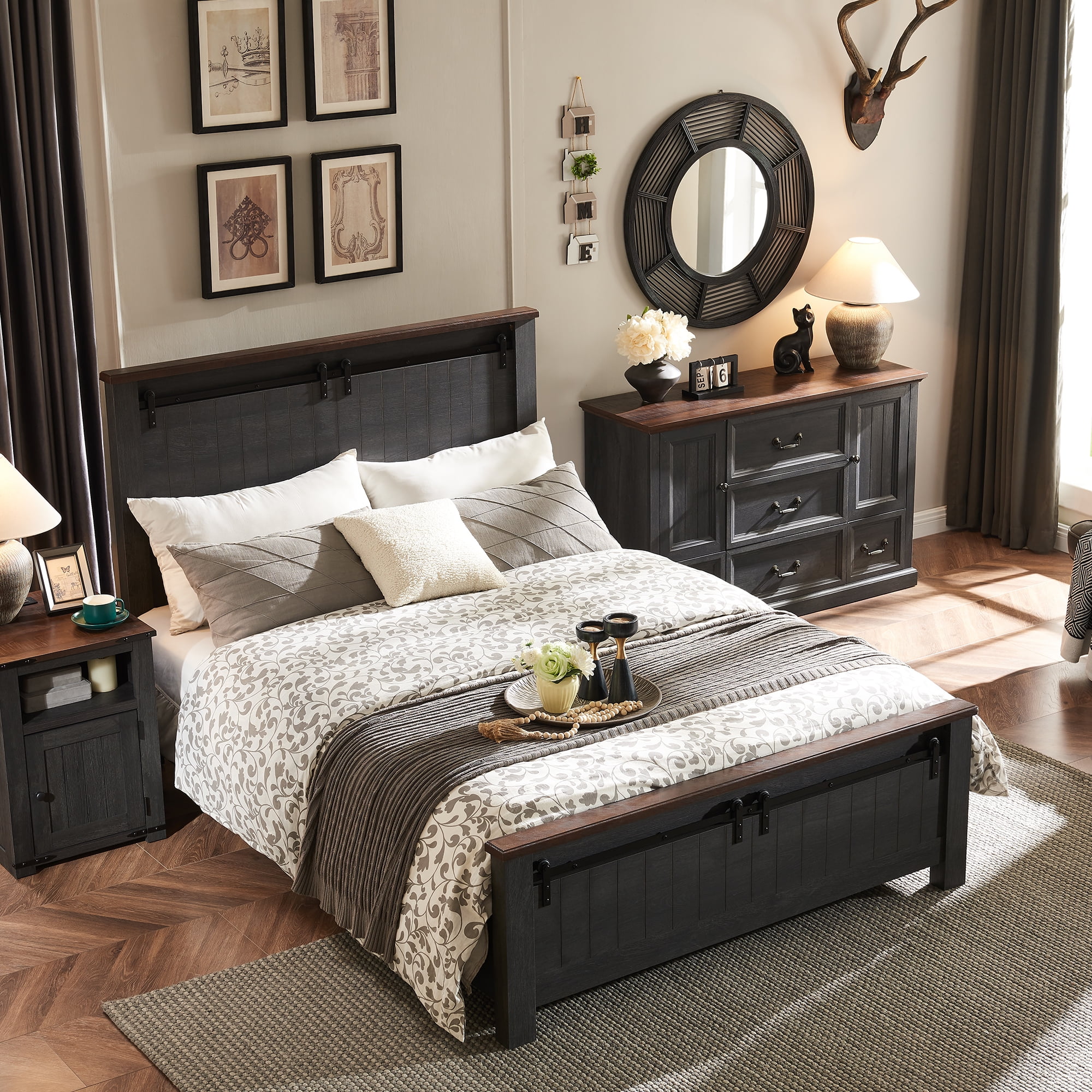 IFGET Farmhouse Full Size Bed Frame with 47" Headboard, Wood Bed Frame ...