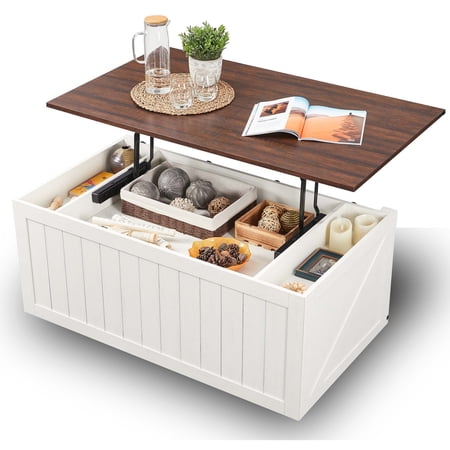 IFGET Farmhouse Lift Top Coffee Table with Double Storage Spaces for Living Room, Sliding Groove Barn Door & Max Lift High 10"