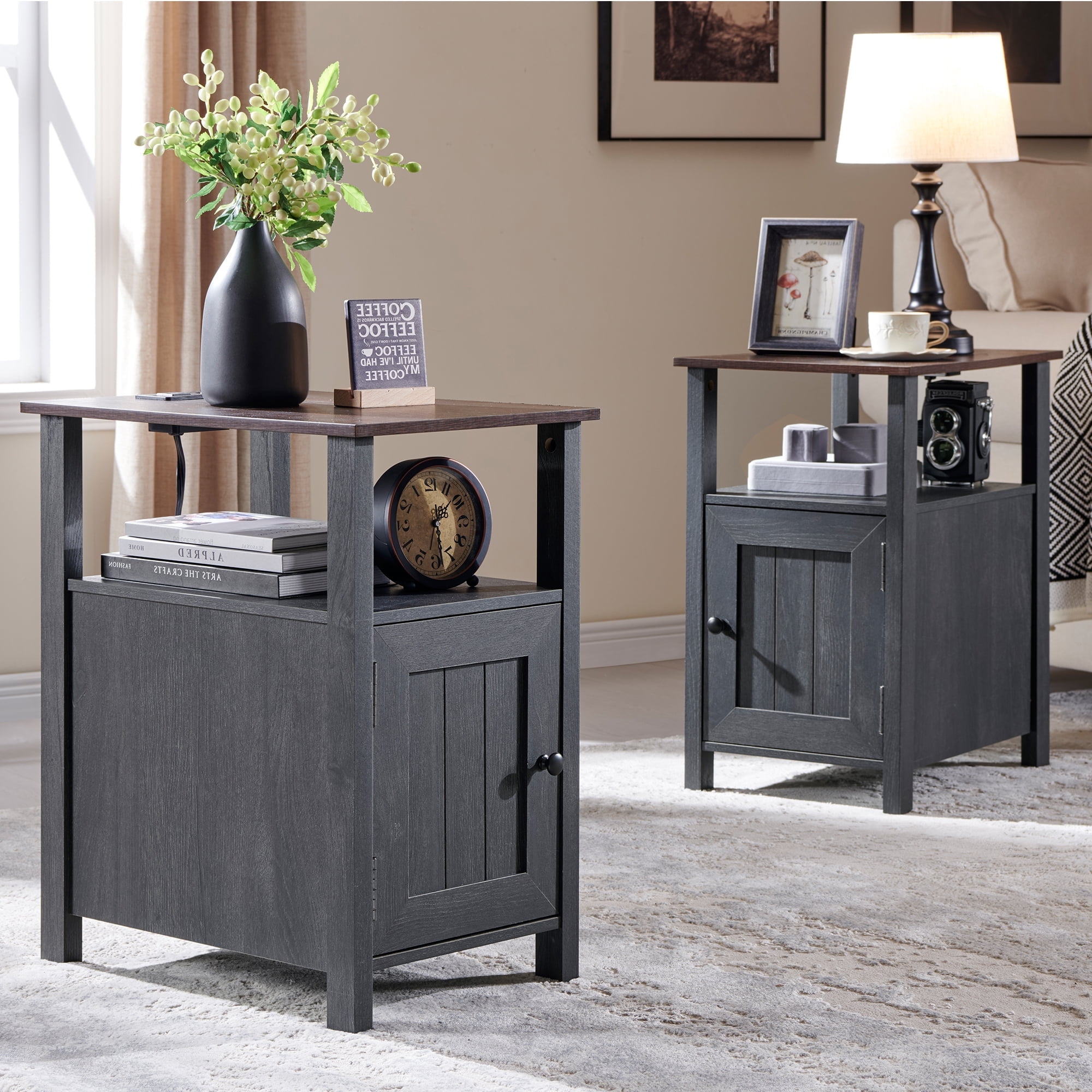 Gray Farmhouse Nightstand Set with Barn Door and Open Shelves