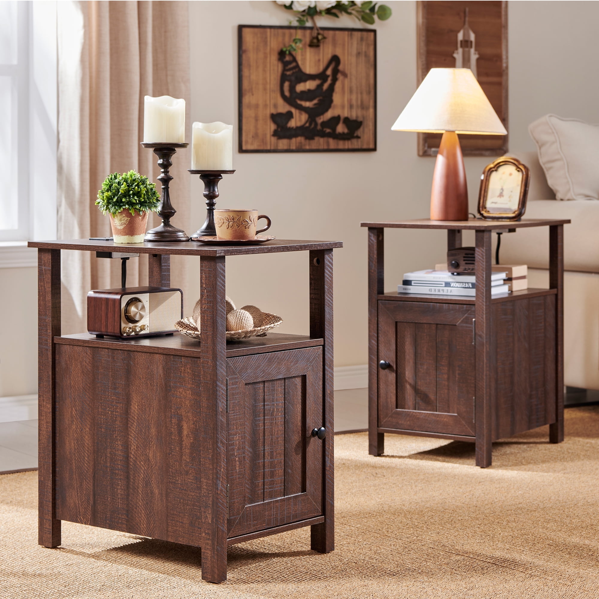Rustic Brown Wood Nightstand Set with Charging Station