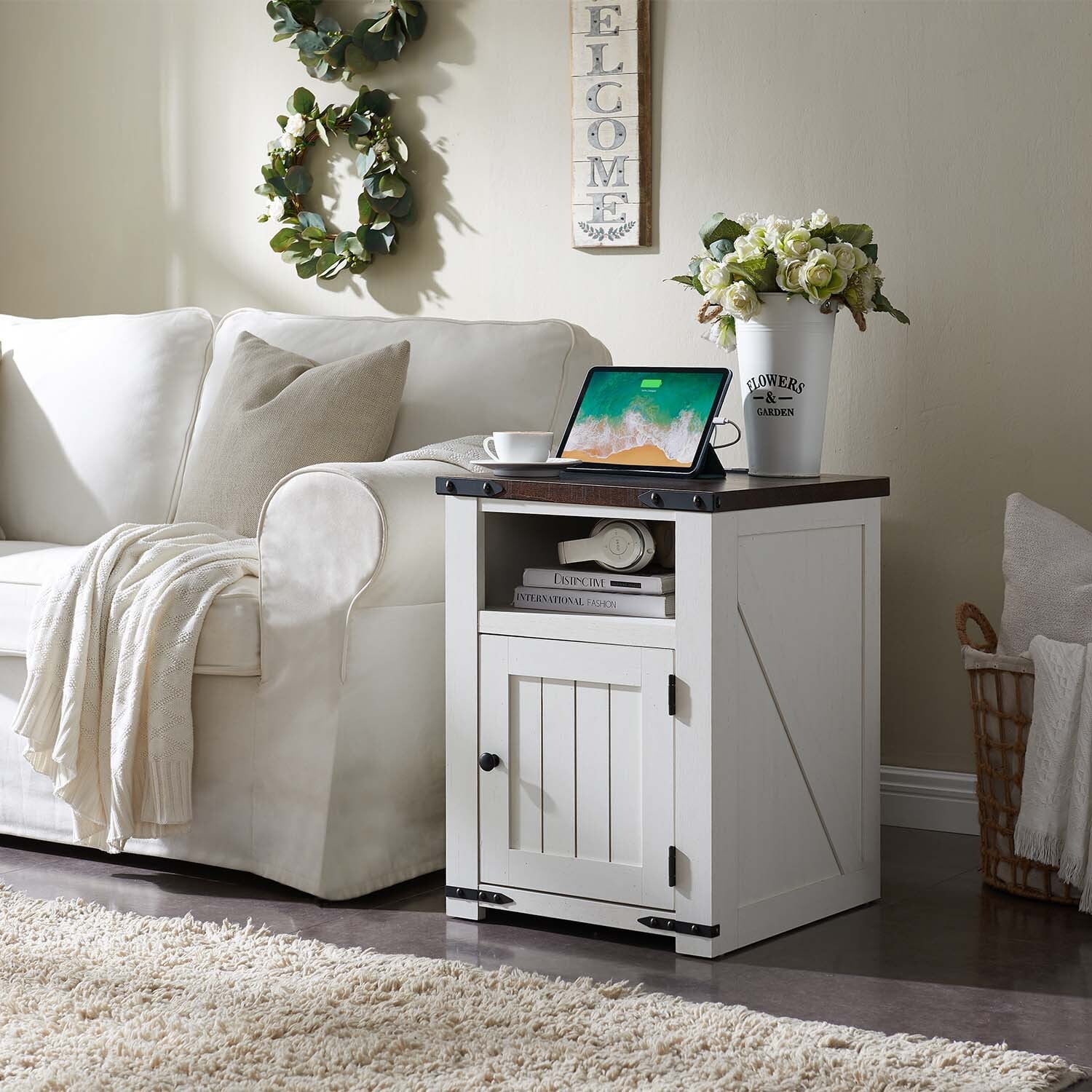 IFGET Farmhouse Nightstand with Charging Station, End Table with Banr Door Storage Cabinet & USB Ports & Power Outlets for Bedroom Living Room