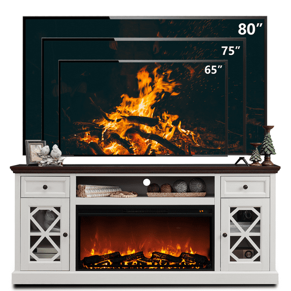 IFGET Fireplace TV Stand for 75 inch TV, 31" Tall Entertainment Center w/Drawer & Diamond Panel Door, Farmhouse TV Stands for Living Room