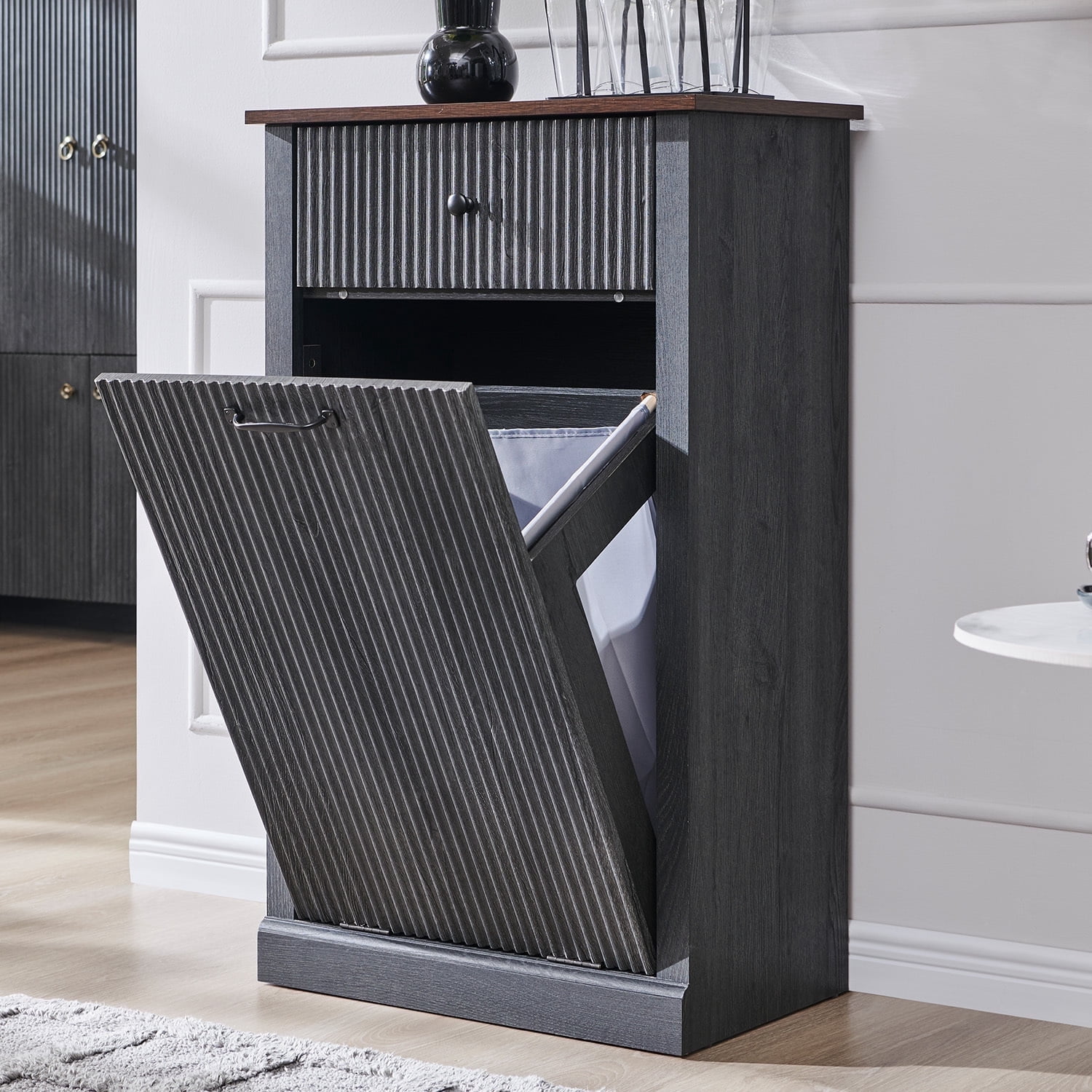 IFGET Fluted Tilt-Out Trash Can Cabinet, 10 Gallon Wood Hidden Garbage Can Cabinets with Storage Drawers, Laundry Hamper Cabinet for Bathroom, Kitchen
