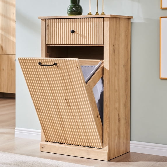 IFGET Fluted Tilt-Out Trash Can Cabinet, 10 Gallon Wood Hidden Garbage Can Cabinets with Storage Drawers, Laundry Hamper Cabinet for Bathroom, Kitchen