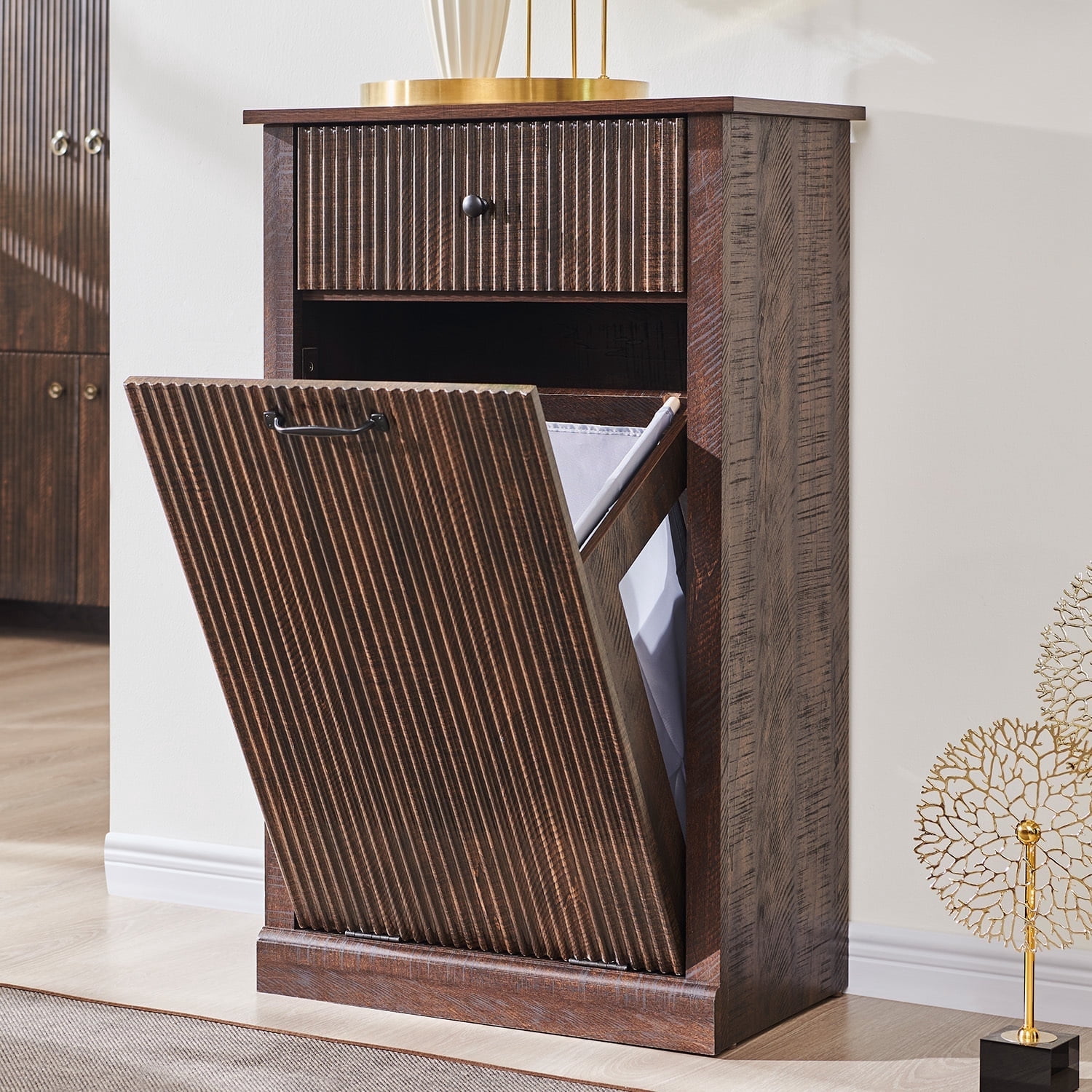 IFGET Fluted Tilt-Out Trash Can Cabinet, 10 Gallon Wood Hidden Garbage Can Cabinets with Storage Drawers, Laundry Hamper Cabinet for Bathroom, Kitchen