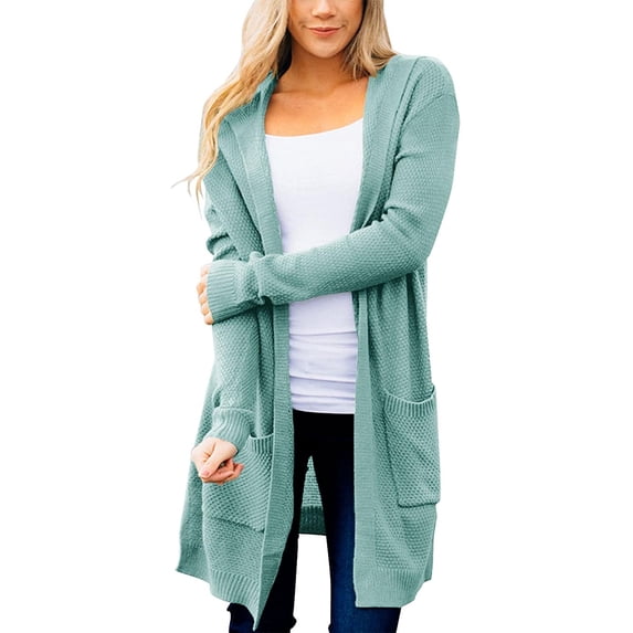 IFJIM Womens Hooded Cardigan Long Casual Knitwear Sweater Coat with Two Pocket LakeGreen XL