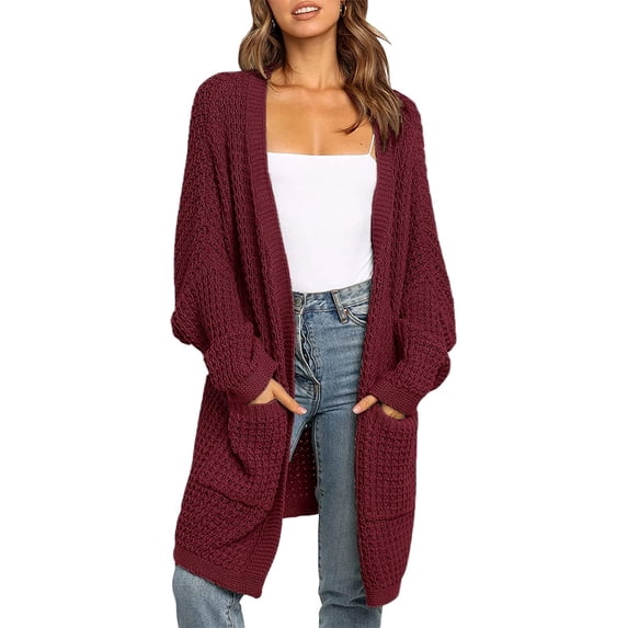 IFJIM Womens Knit Cardigan Long Batwing Sleeve Open Front Sweaters with Pockets Wine S