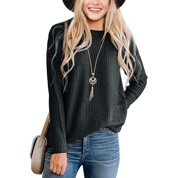 IFJIM Womens Pullover Sweaters Waffle Knit Long Sleeve Crewneck Tops Charcoal XXL
