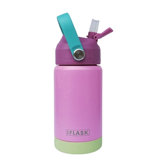 IFLASK 12oz Kids Water Bottle with Straw Lid | 100% Leak Proof | Insulated Stainless Steel Double Walled Thermos | BPA and Sweat free | Hot & Cold (Bubblegum)