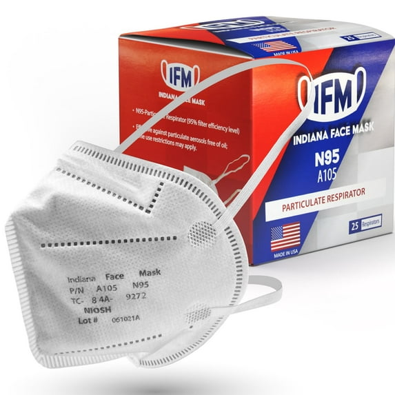 IFM Indiana Face Mask Universal Fit NIOSH APPROVED N95 Half Mask, White, 25 Count