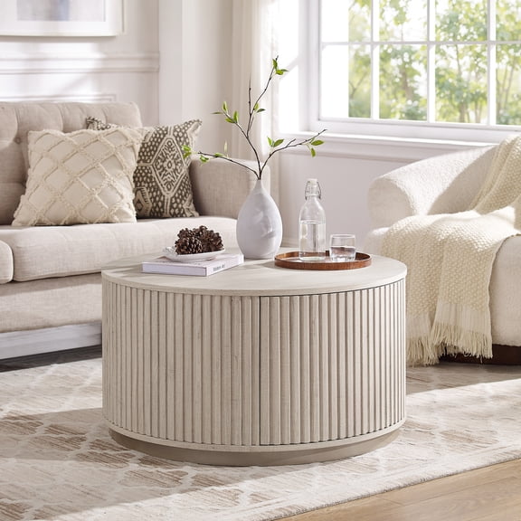 IFMUST 33" Modern Round Fluted Coffee Table with Storage, Large Hidden Drawer & Push-to-Open Design